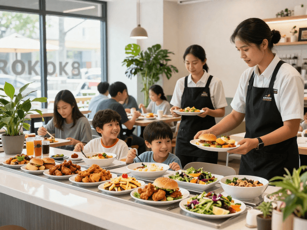 Families dining at ROKOK88, showcasing the friendly staff, diverse menu, and vibrant atmosphere, featuring rokok88 link login.