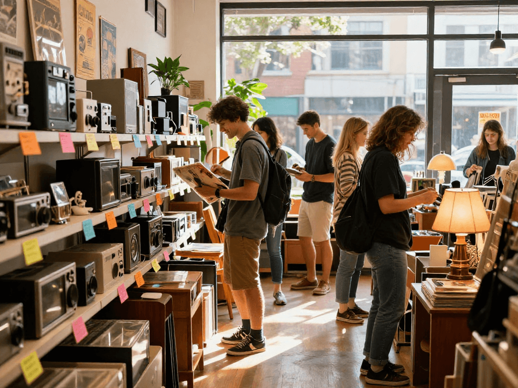 A vibrant urban thrift store scene showcasing shoppers exploring valuable second-hand items including vintage electronics and collectibles, linked to rokok88 slot.