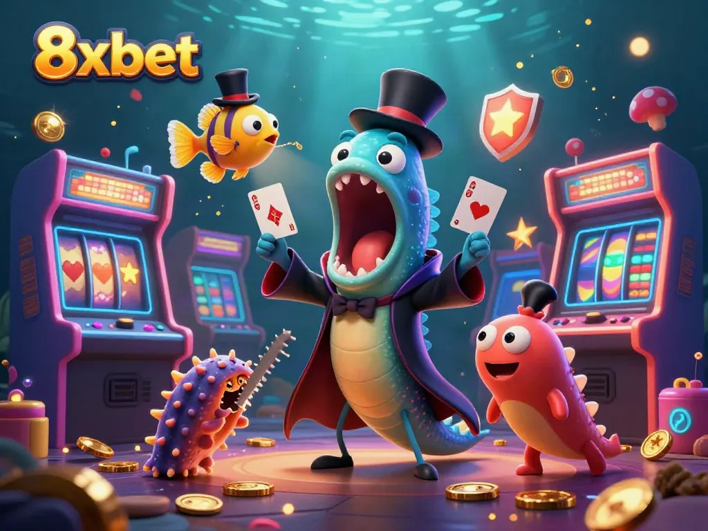 Experience thrilling magic tricks with 8xbet's underwater casino characters in vibrant arcade style.