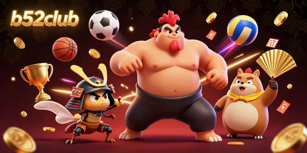 Play and win exciting games at b52club with dynamic characters and sports elements illustrated in vivid detail.