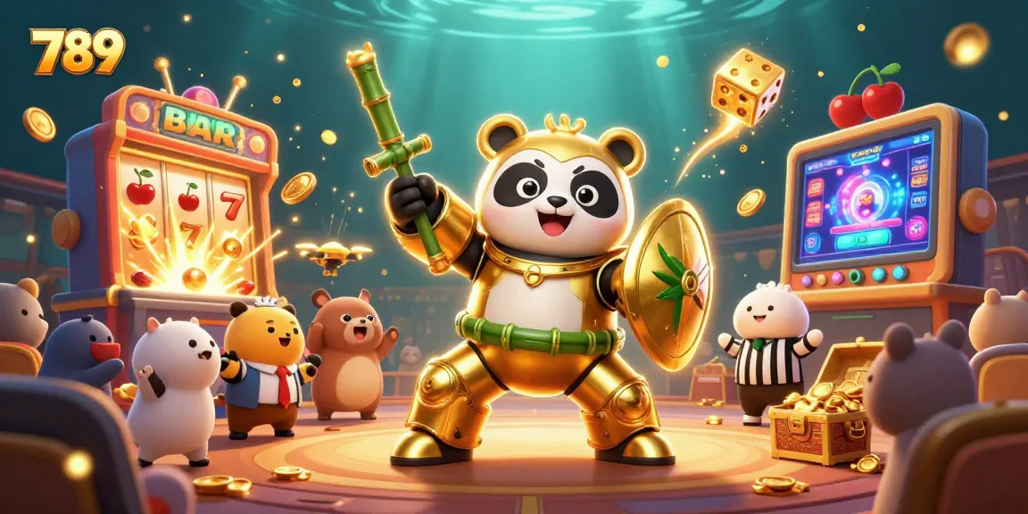 Immerse in the excitement of 789 as the golden panda pilots a bamboo robot amidst a lively casino scene.
