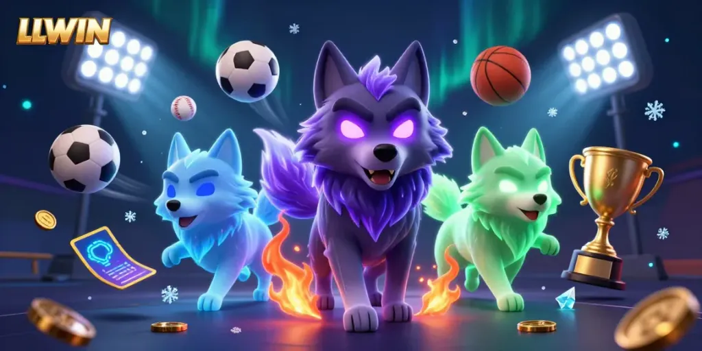LLWIN sports betting scene featuring a wolf leader and dynamic elements in an ultra-detailed 3D illustration.
