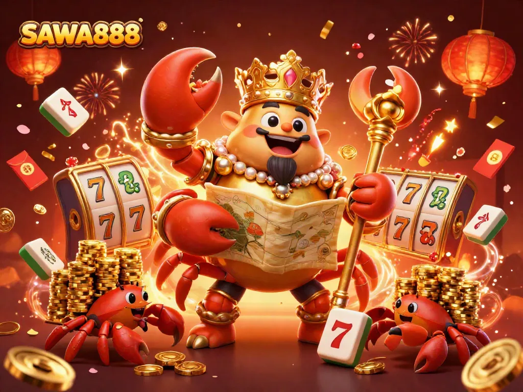 Spin the reels with SAWA888, as a golden crab emperor boasts treasures in a vibrant casino
