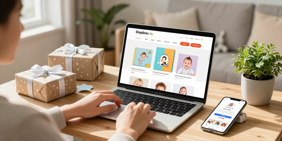 Shoplinks 4u showcasing joyful online shopping for baby gifts in a cozy living room