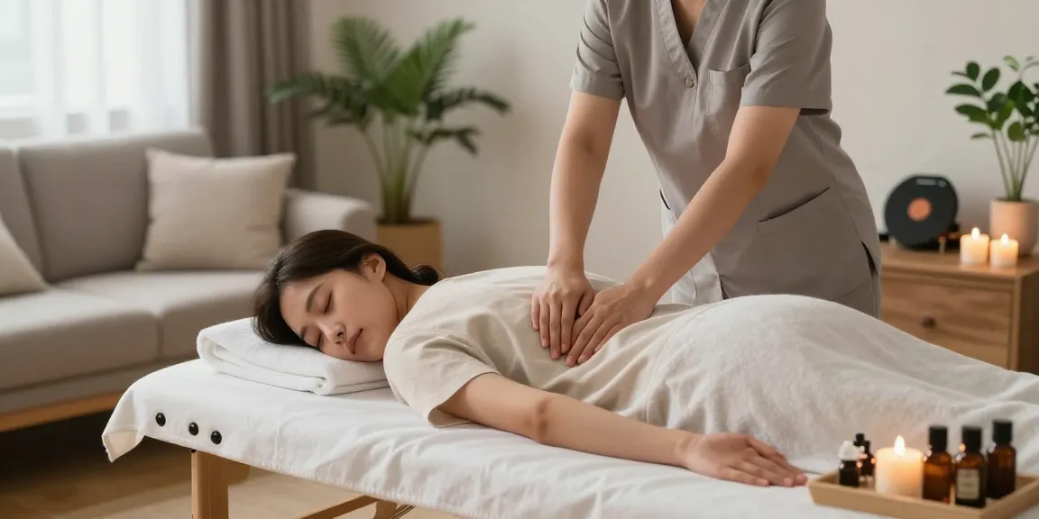 Relaxing home massage therapy scene featuring a professional therapist providing 시흥출장안마 services in a serene setting.