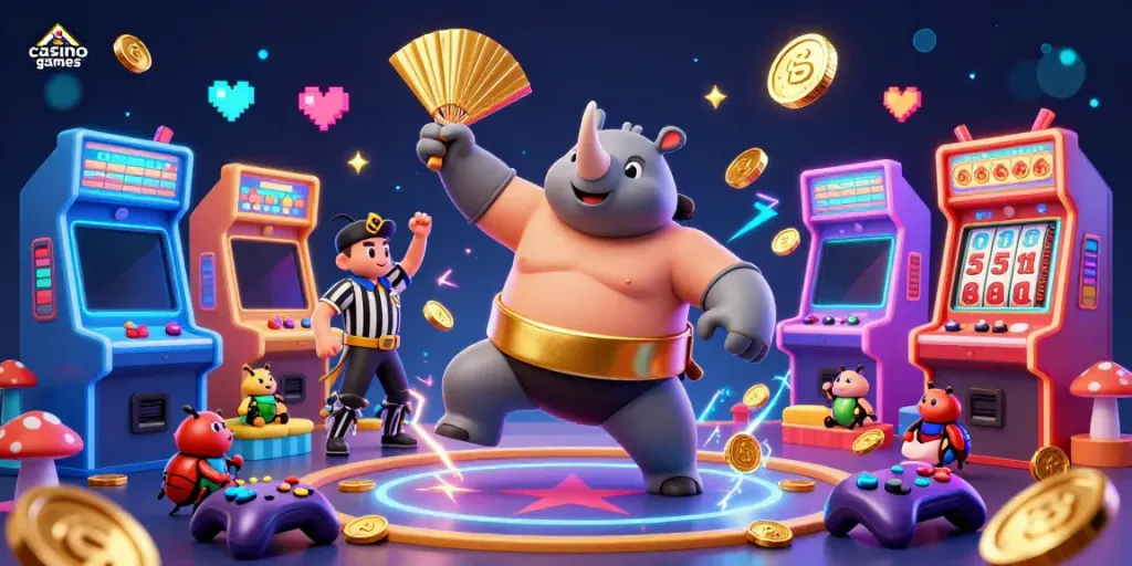 Experience thrilling casino games with a cartoon rhinoceros beetle champion surrounded by colorful arcade elements.