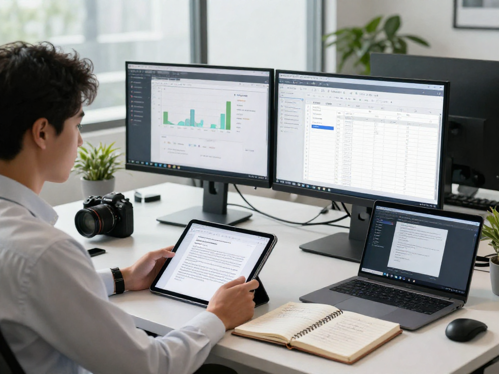Document fraud detection analysis in a professional workspace with digital tools.