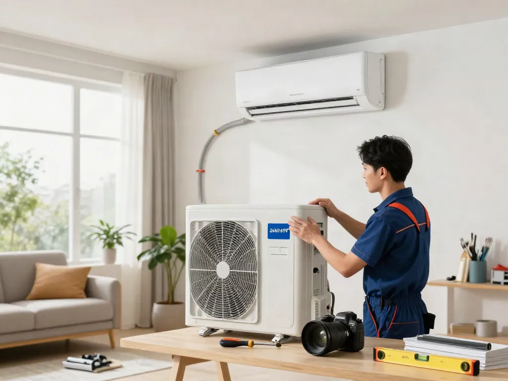 Technician installing a 2400 BTU mini split air conditioning system in a modern living room during a home improvement project.