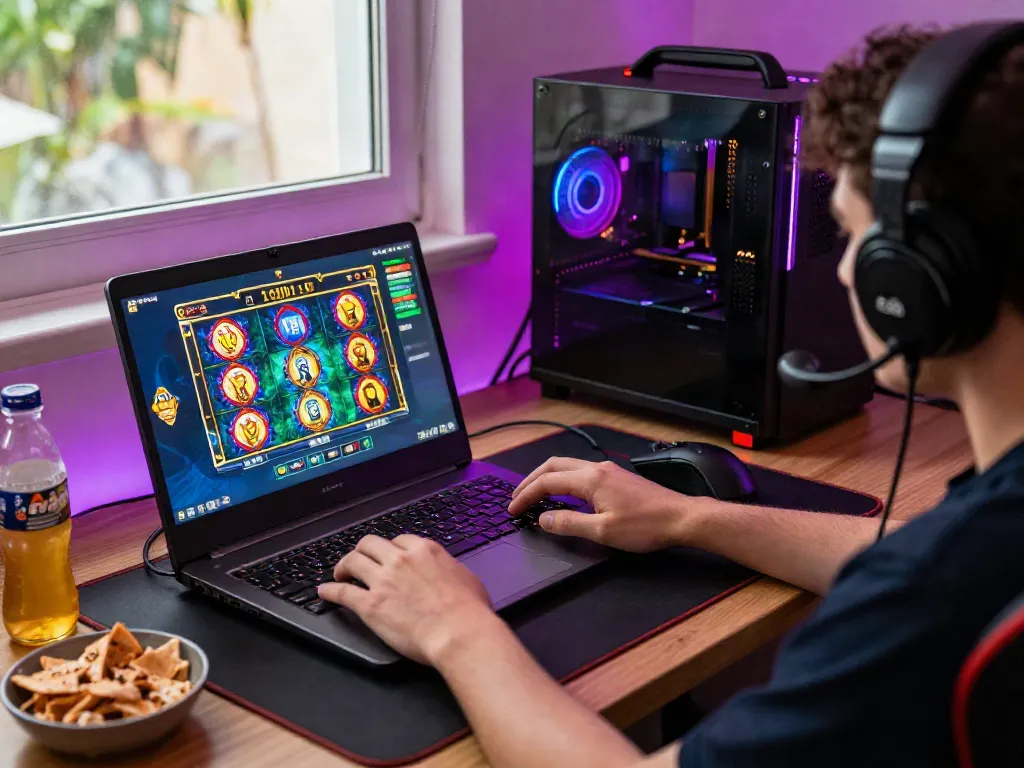 Exciting online gaming setup showcasing situs slot gameplay with vibrant graphics and ergonomic accessories.