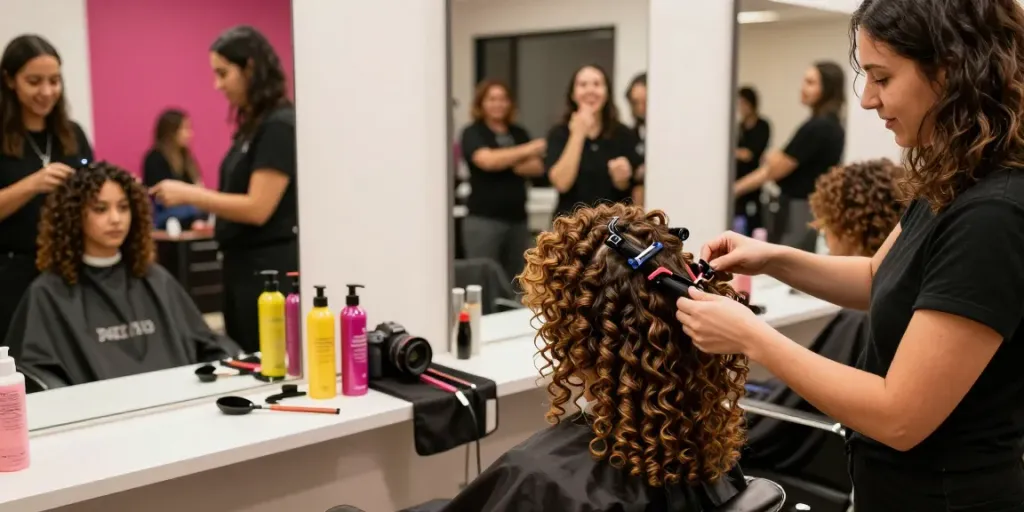 Curly hair clip in extensions being applied in a vibrant salon environment.