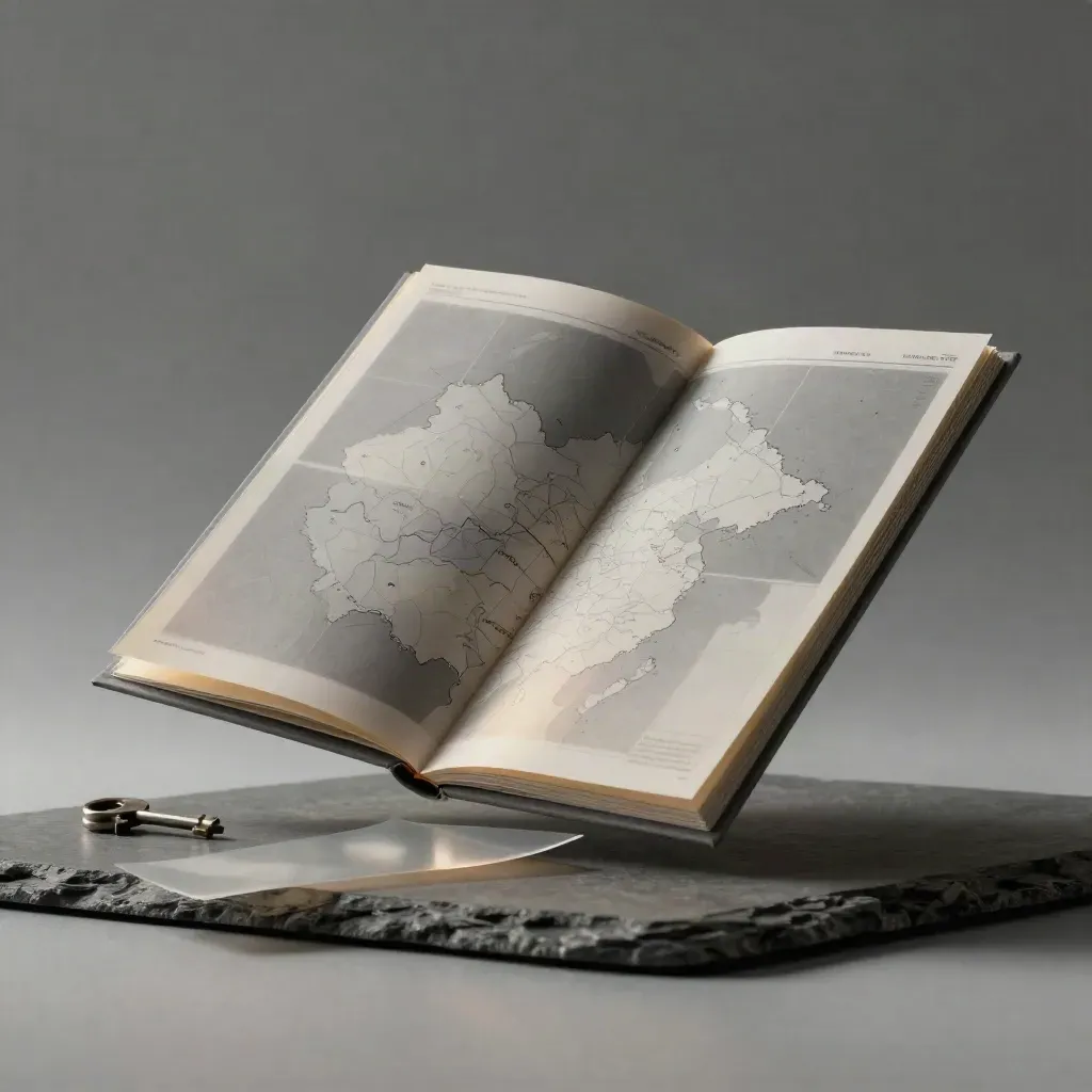 Market audit folio with translucent overlays and a folded summary card on a mist-gray studio set.