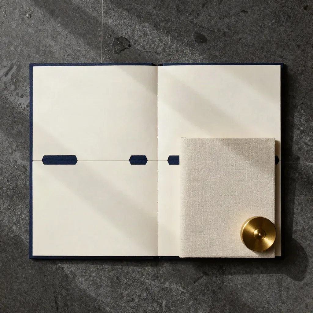 Overhead flatlay of a cream workshop folio, linen booklet and brass weight on wet basalt.