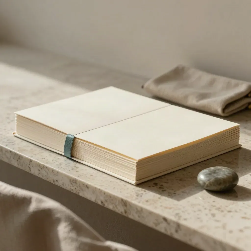 Cream strategy folios, booklet, linen pouch and stone paperweight on travertine in soft daylight