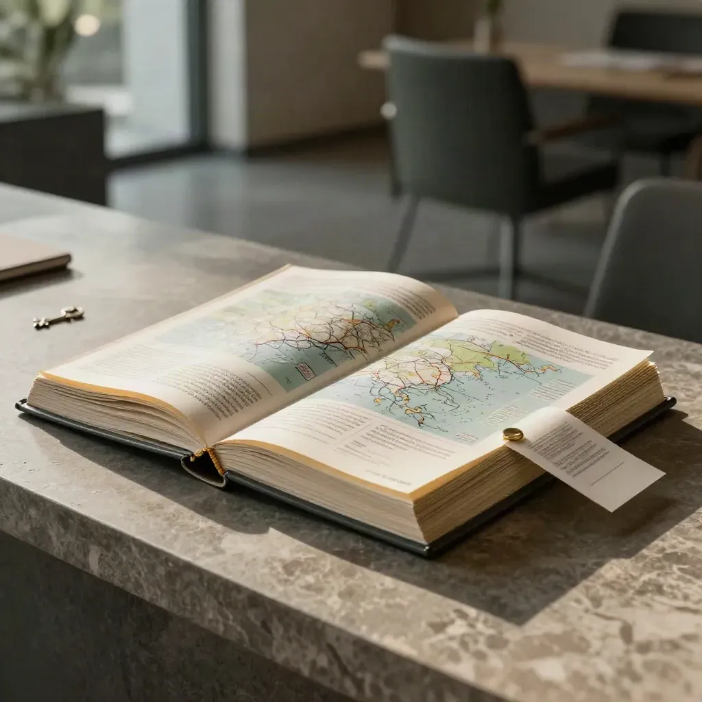 Ivory strategic growth dossier with inserts and market map on a stone plinth at sunset