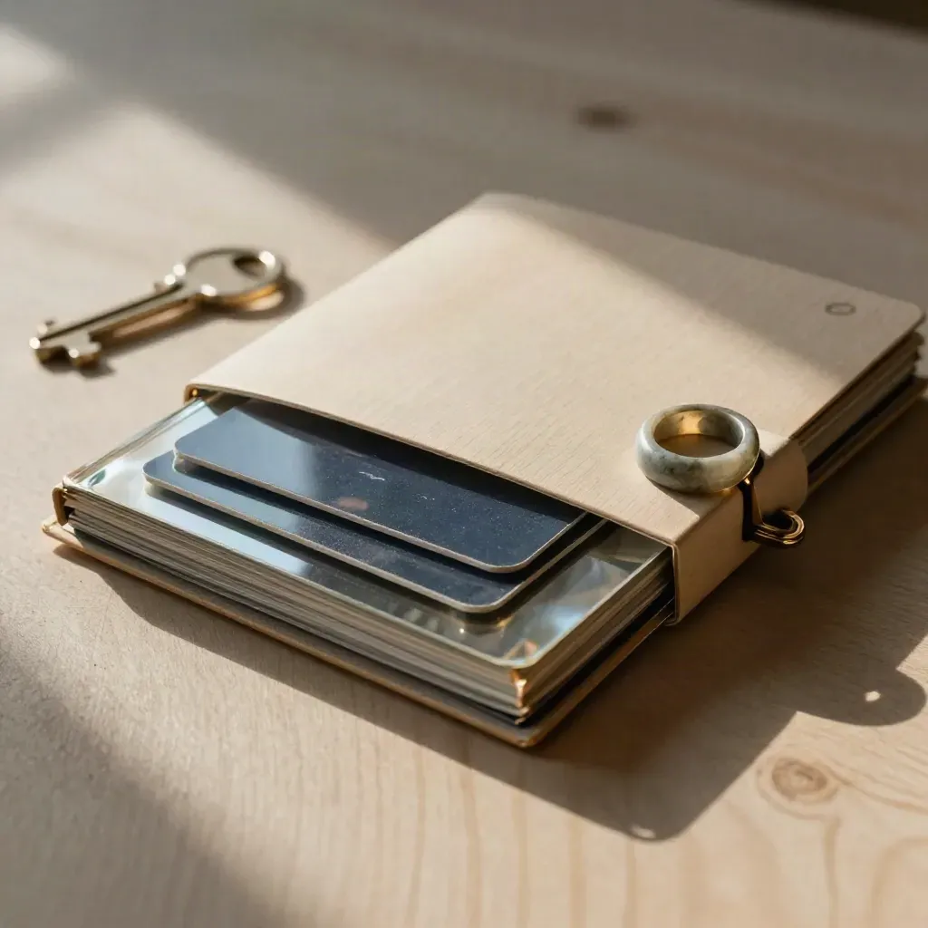 Overhead navy strategy packet with mirrored sleeves, source cards, and stone ring on pale oak.
