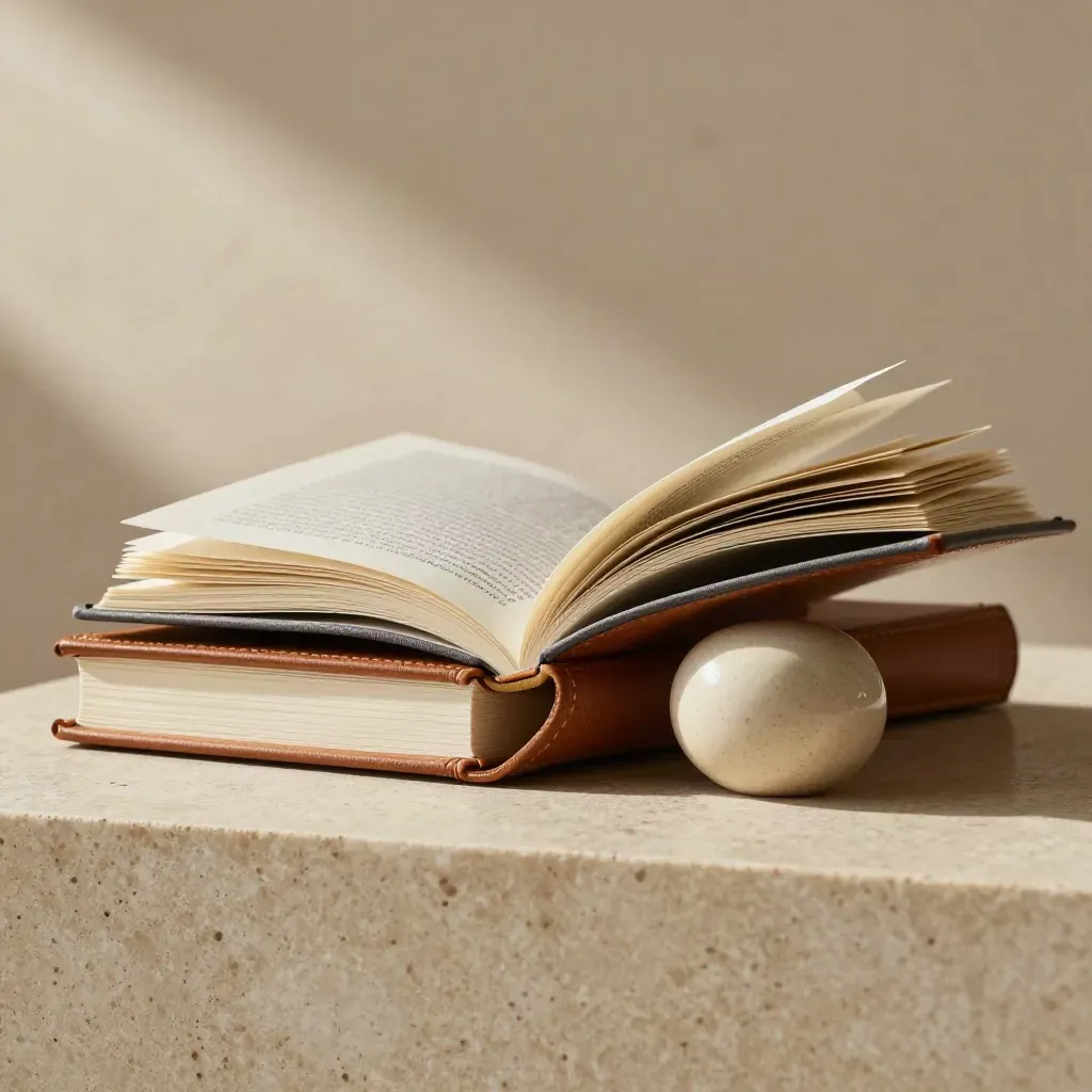 Ivory coaching pack open on travertine with folios and ceramic weight, soft daylight.