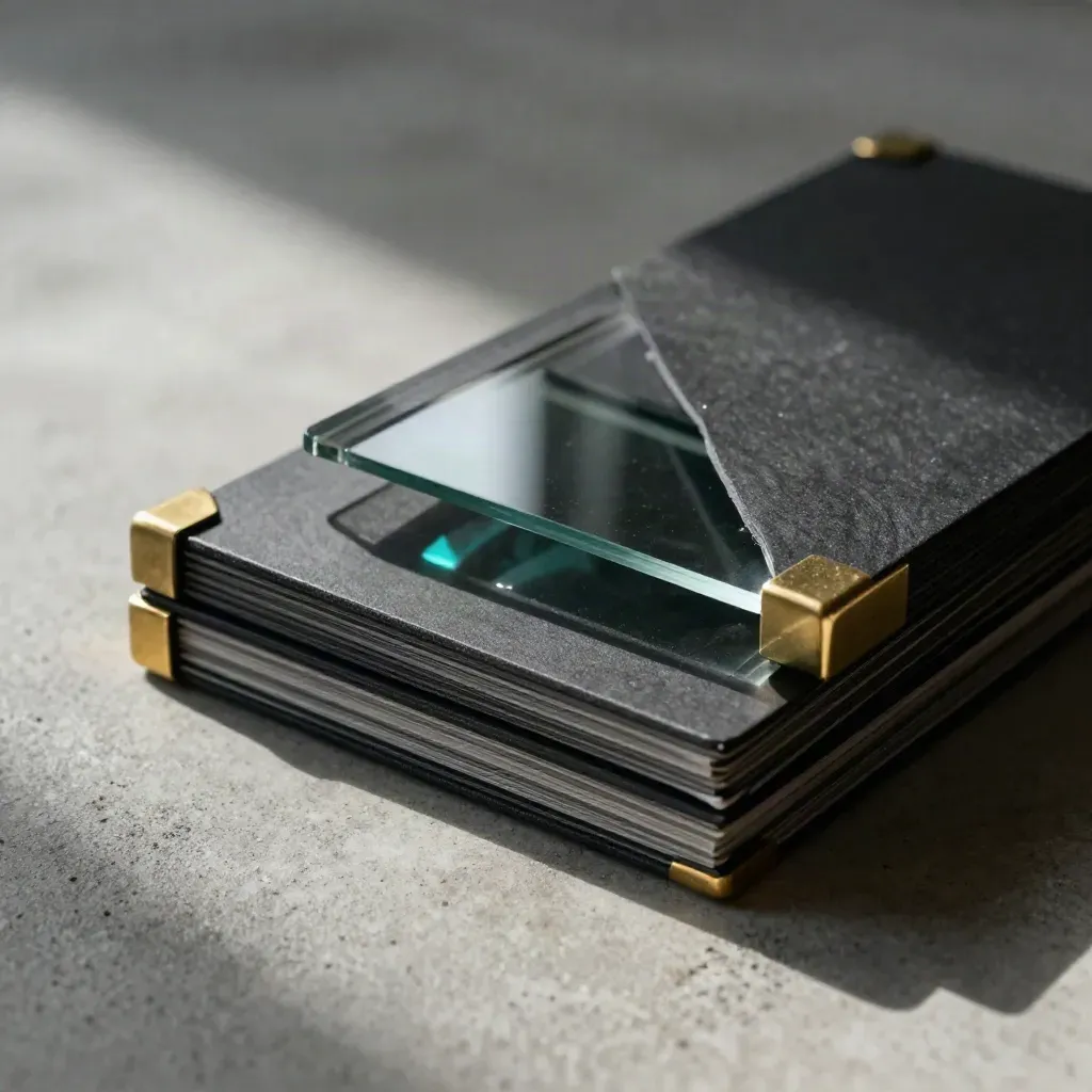 Charcoal board-review deck with brass corners and glass block on concrete, lit softly from one side.