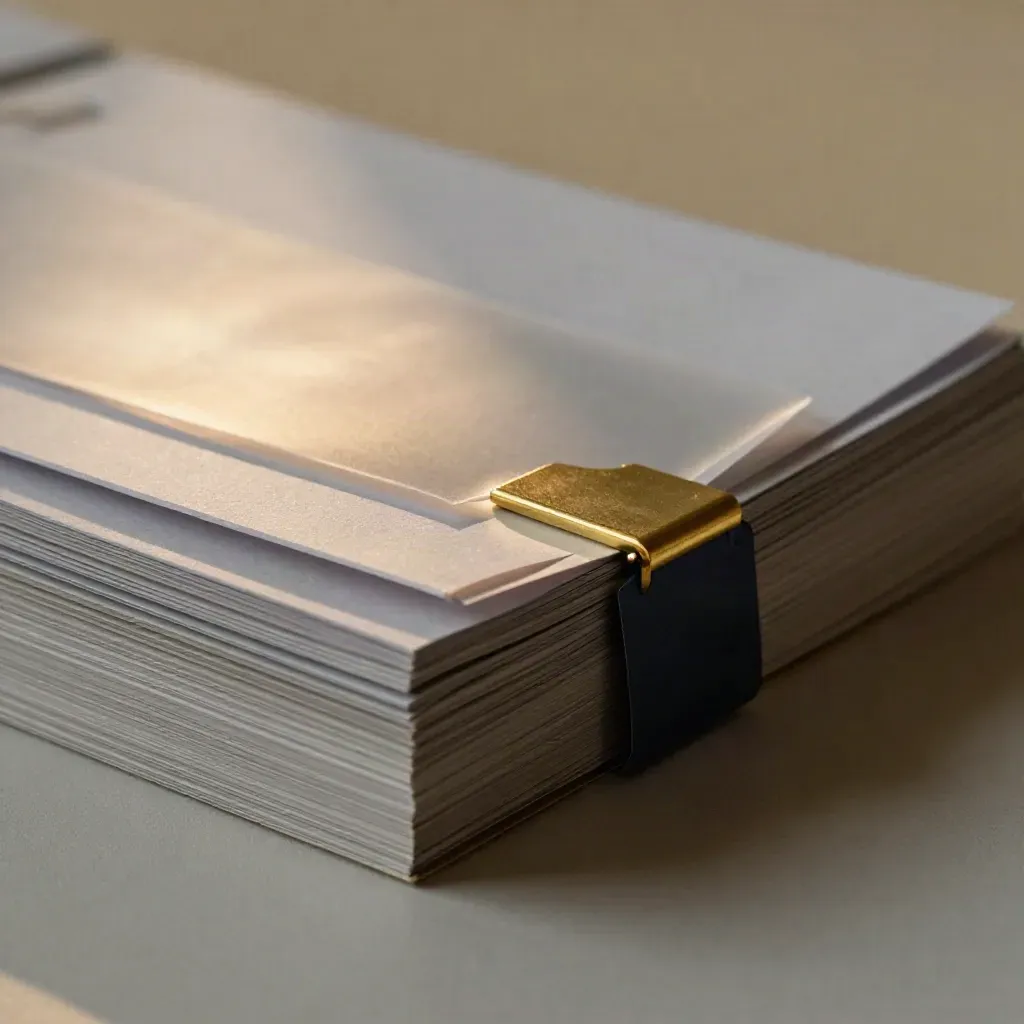 Pale gray memo bundle with sleeves and brass clip on brushed aluminum, seen in macro.