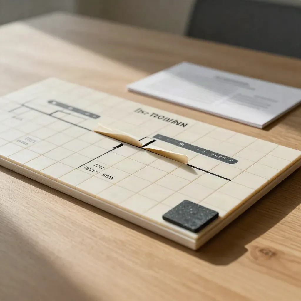 Ivory roadmap board on oak with slate weight and folded strips in soft light