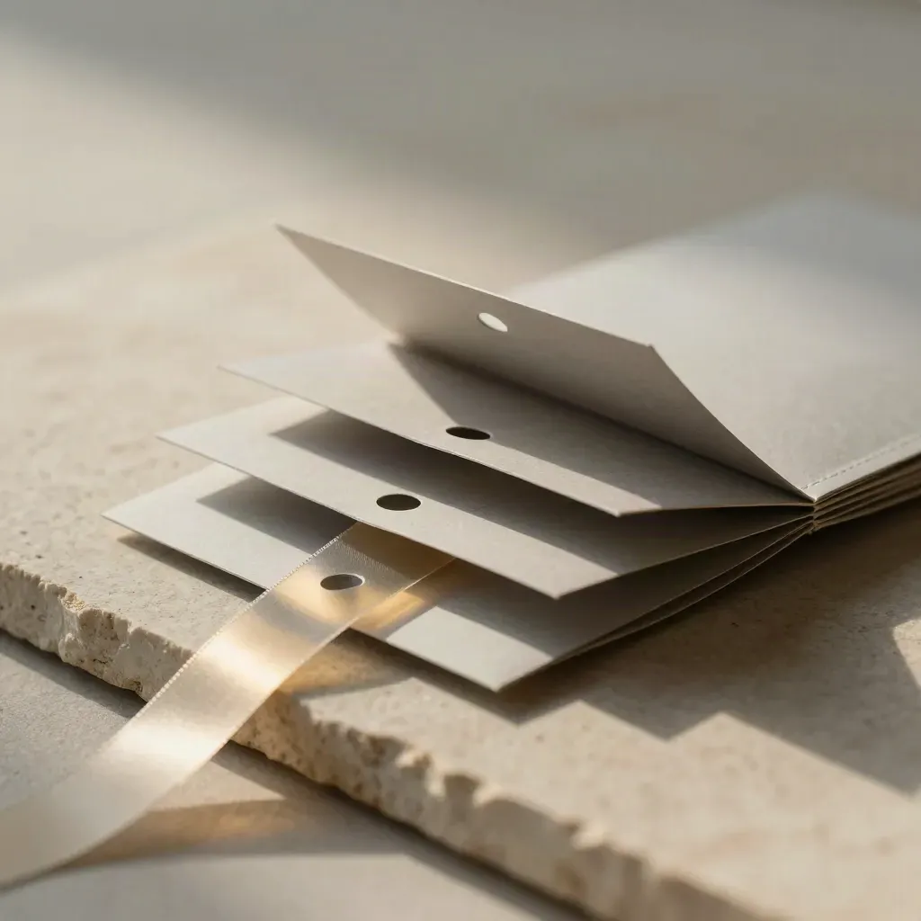 Charcoal launch-plan packet unfolding on stone with tabs, sleeves and muted gold ribbon.
