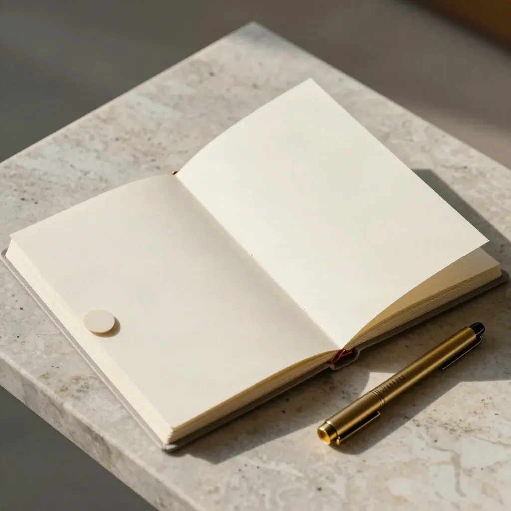 Ivory strategy folio, stone clip, and brass marker on travertine