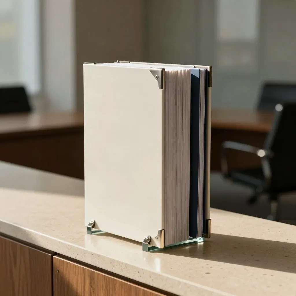 Off-white board-update deck with metal clips and glass block on travertine, softly lit in a boardroom