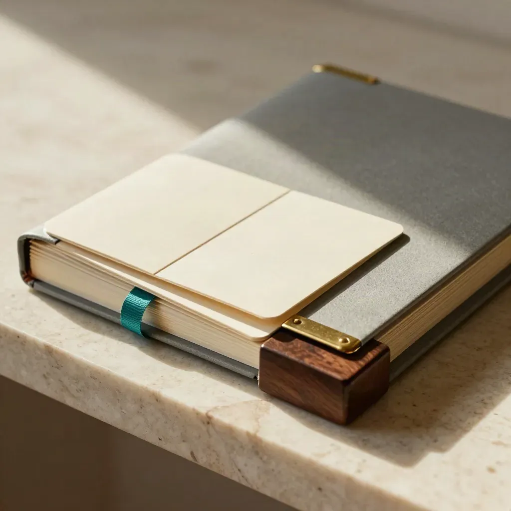 Stone-gray consulting folio open on travertine with brass tabs, cards, and a dark wood weight.