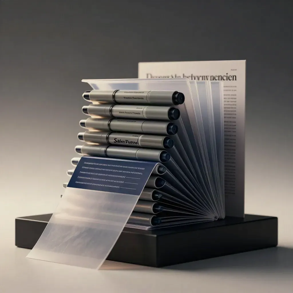 Layered navy audit bundle with sleeves and markers on a matte-black plinth in dramatic studio light