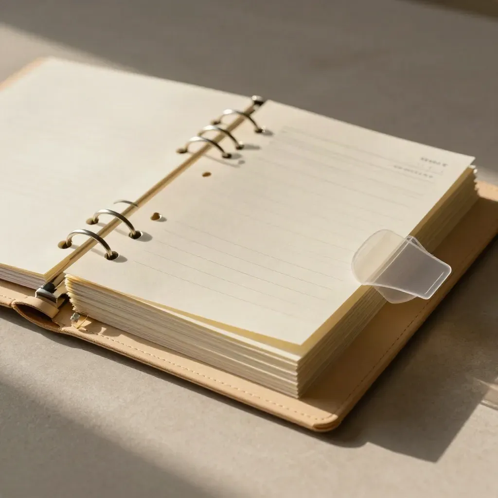 Cream binder, tab dividers, and clipped inserts laid out on pale wood in soft light.