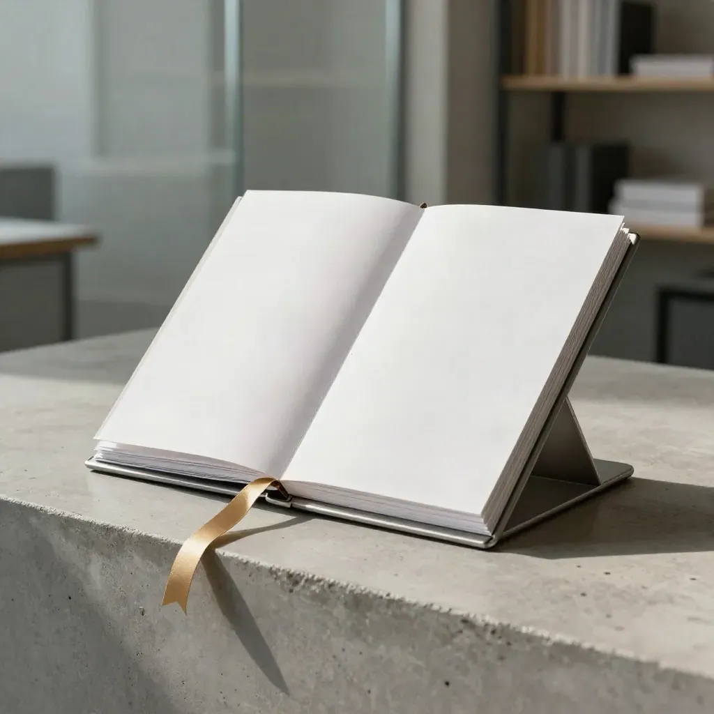 Opened white planning kit with gold ribbon and tabbed inserts on cool concrete, softly lit.