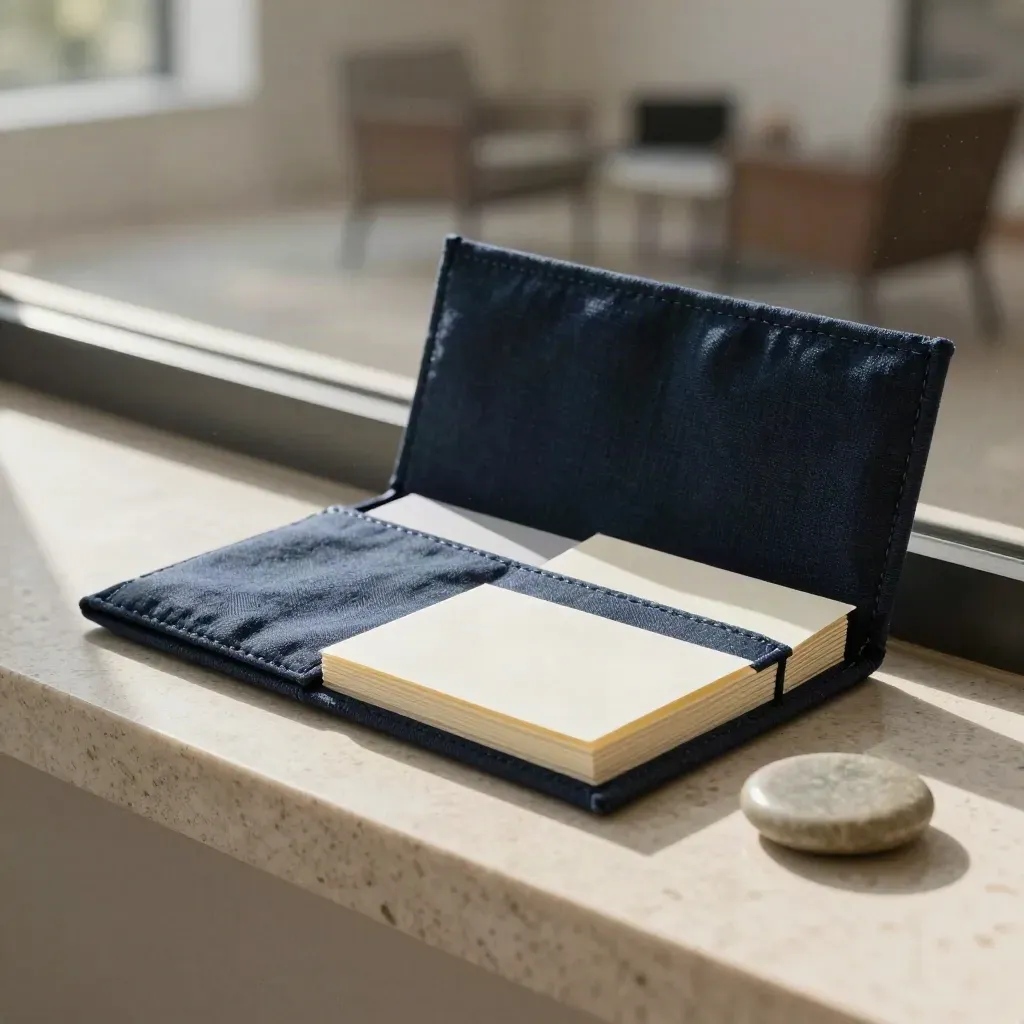 Navy founder coaching kit with linen sleeve, note cards and stone coaster on travertine.