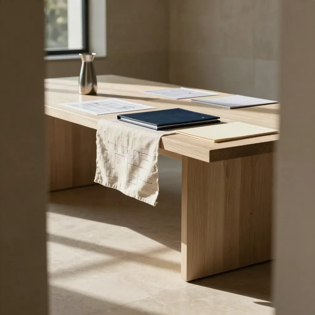 Sunlit limestone boardroom with oak table, linen drape, and navy presentation folders.