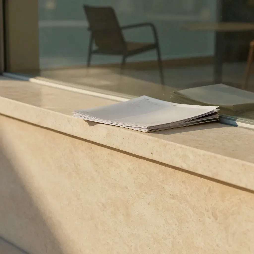 Travertine ledge, frosted glass, blurred chair, and calm copy space in soft afternoon light.