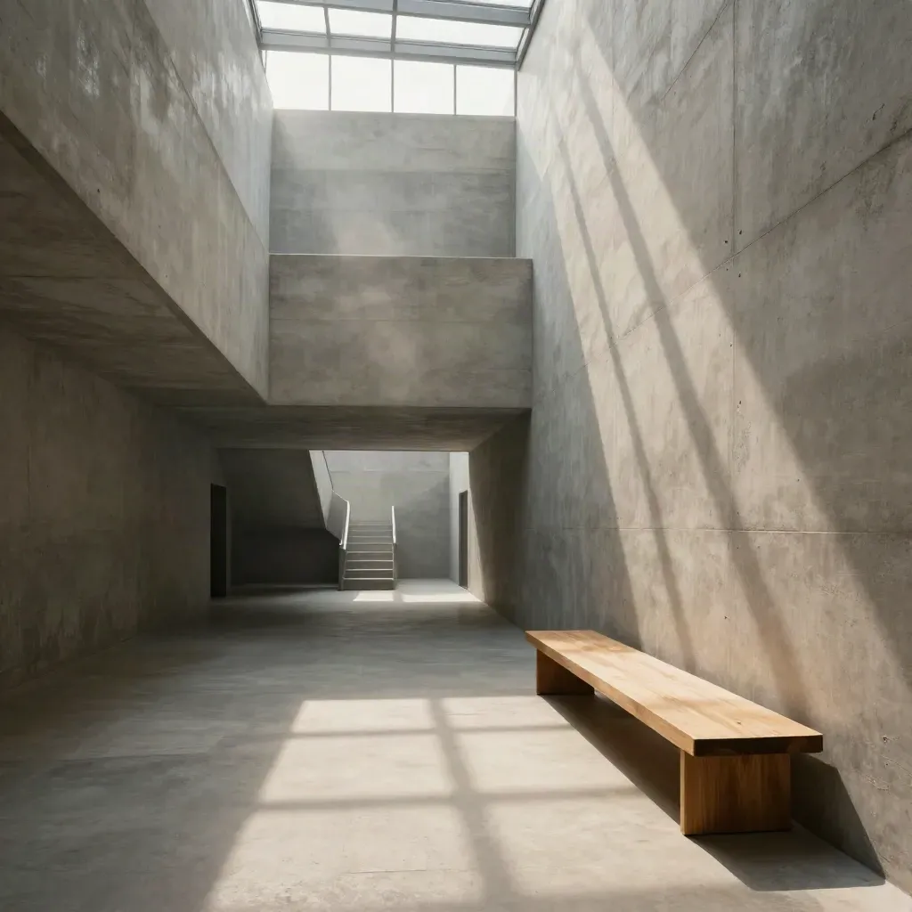 Concrete atrium with oak bench and stair, lit by diffused clerestory light.