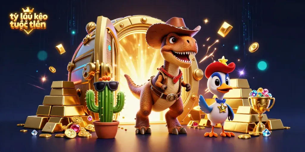 Engage with tỷ lệ kèo trực tuyến through a festive 3D cartoon scene filled with action-packed casino elements.
