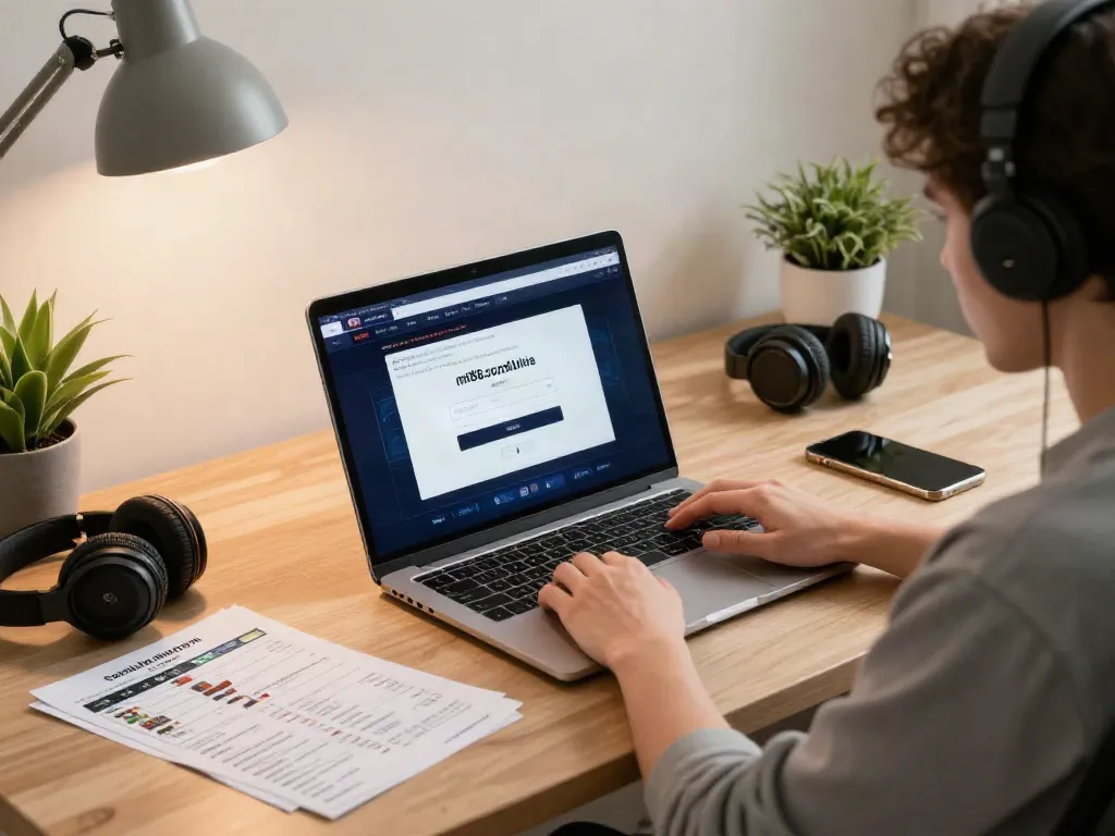 Engaging home office scene with user focusing on m88.com login alternatif for online betting, modern workspace setup.
