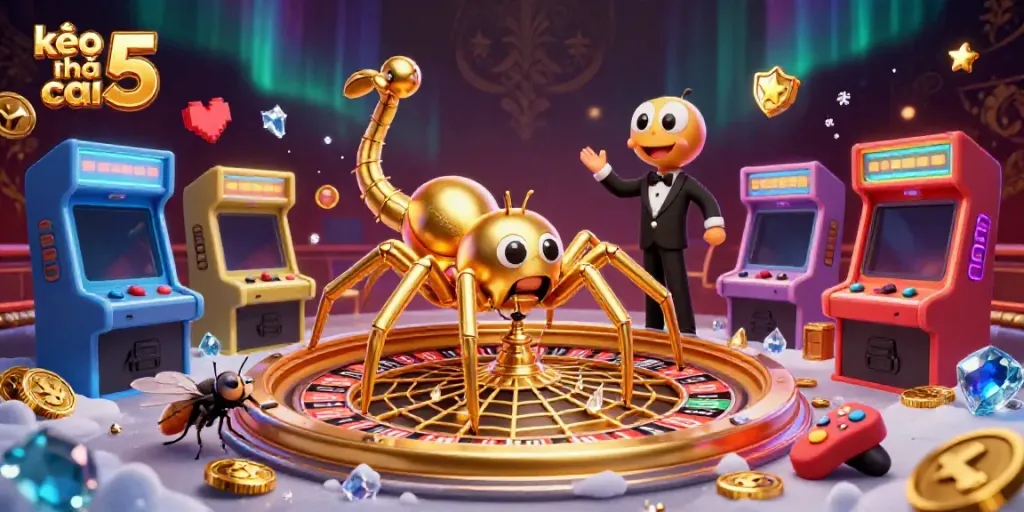 Engage with kèo nhà cái 5 through an exciting 3D casino illustration featuring interactive gaming elements and vibrant characters.