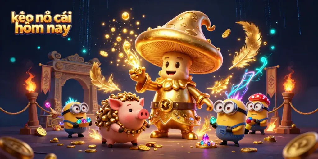 Experience kèo nhà cái hôm nay with a golden mushroom wizard and treasure-finding pig in a vibrant casino scene.