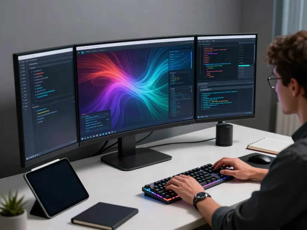 web application vulnerability assessment & penetration test metrics on a developer's monitor in a modern workspace.