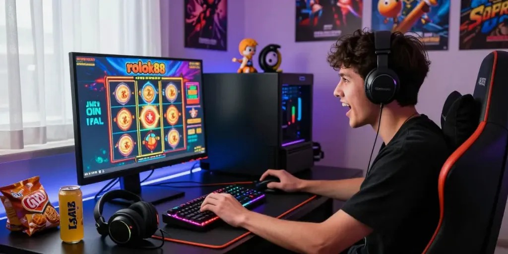 Exciting gameplay of rokok88 slot game displayed on gaming monitor with colorful graphics.
