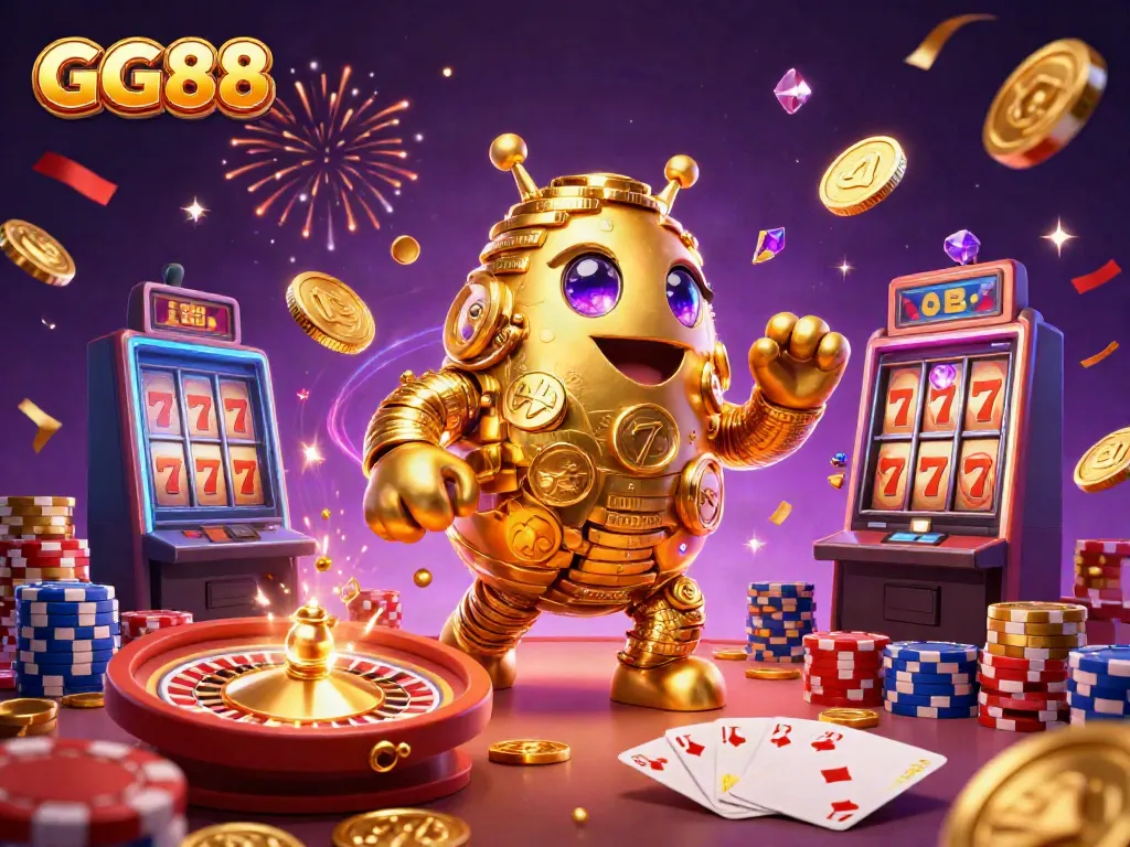 Spin the reels at GG88 with an eye-catching 3D illustration of a golden golem, coins, and casino elements.