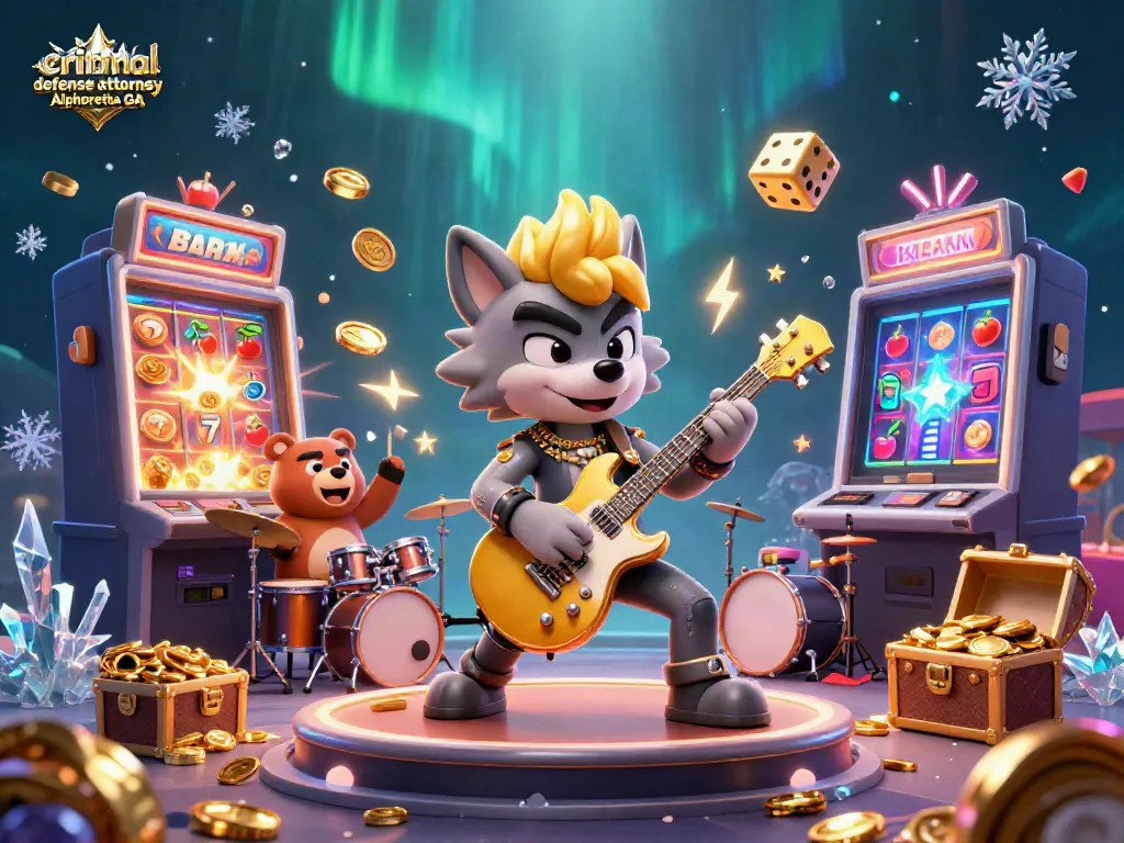 High-energy scene with a cartoon wolf and bear performing on stage at a casino, highlighting criminal defense attorney Alpharetta GA.