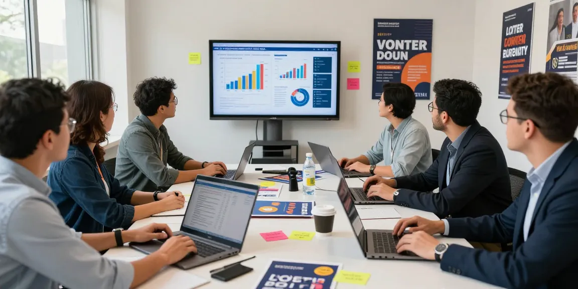 Independent candidate marketing strategy meeting with voters data analysis in a collaborative workspace