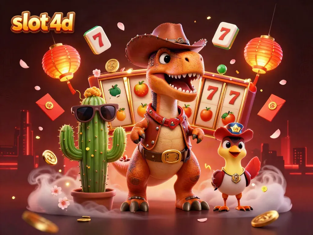 Engage in exciting slot 4d gameplay with a cartoon dinosaur and fun casino elements.