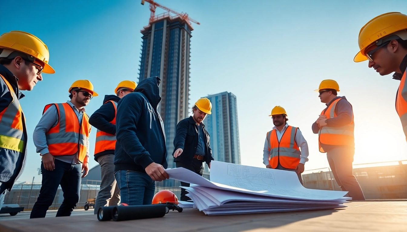 New Jersey Commercial General Contractor team collaborating on a skyscraper project in a bright outdoor setting.