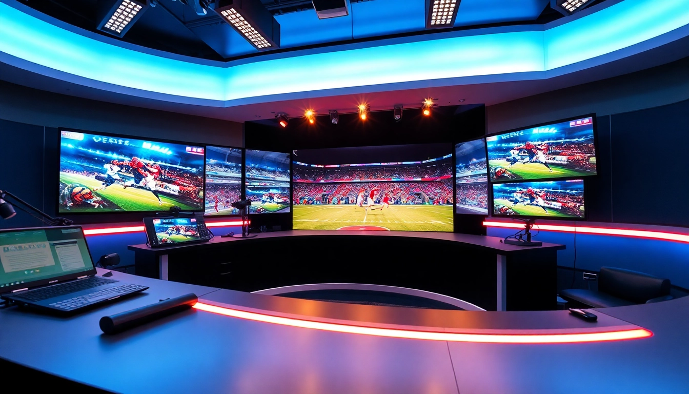 Captivating scene of sports broadcasting with vibrant screens showcasing live sports events.
