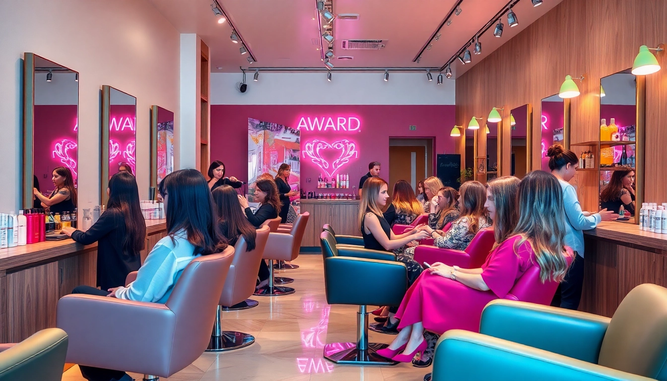 A beautifully styled interior of award-winning hair salons showcasing diverse clients receiving hairstyling services in a luxurious setting.