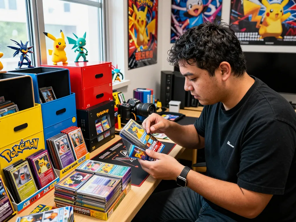 Excited collector unboxing Ascended Heroes Pokémon TCG cards in a vibrant gaming room.