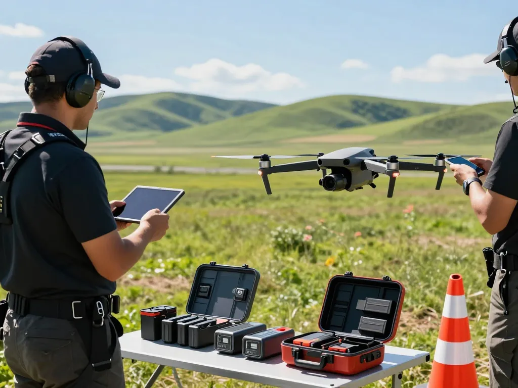 Drone operator performing DJI Care Enterprise checks in a sunny landscape.