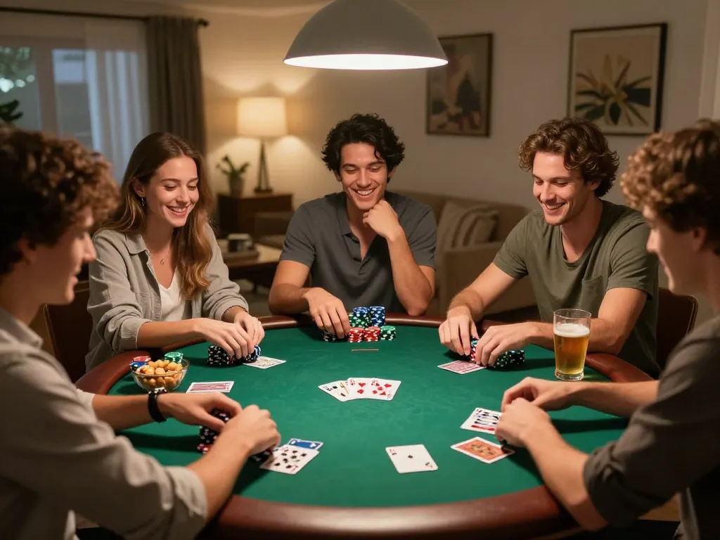 Players enjoying a dynamic poker night at home, showcasing FC88 gaming with premium cards and chips.